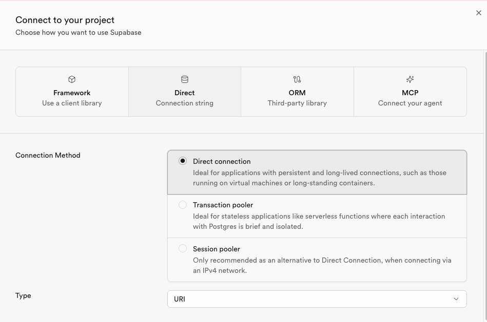 The Supabase Connect modal showing the Direct tab selected, with connection string details visible.